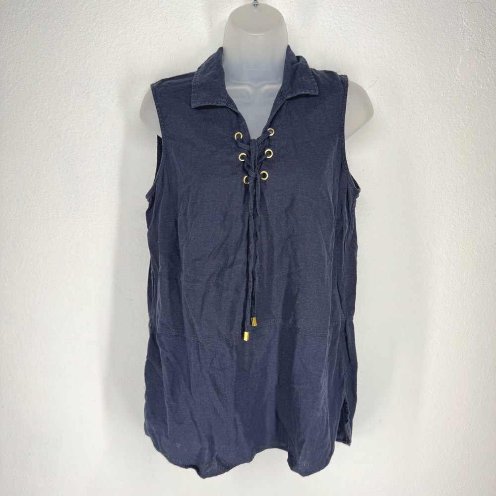 Ellen Tracy Navy Blue Linen Blend‎ Lace Up Sleeveless Tunic Top Womens Medium